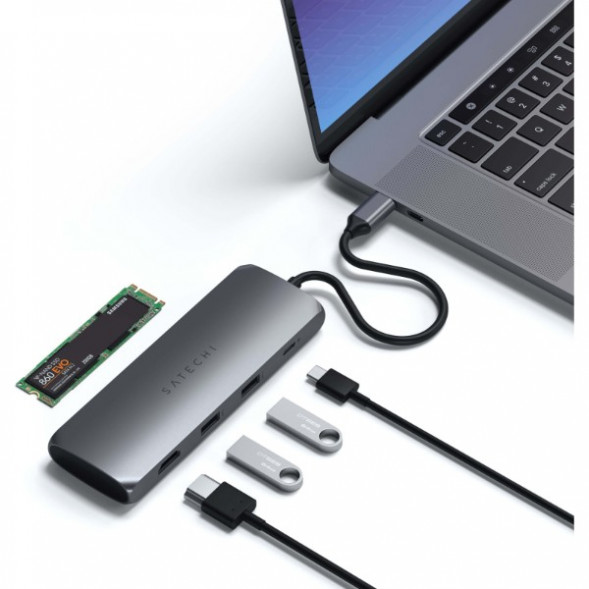Док-станция Satechi USB-C Hybrid Multiport Adapter (with SSD Enclosure M.2 SATA, 2xUSB 3.1, USB Type-C, HDMI), Серый ST-UCHSEM в Калуге